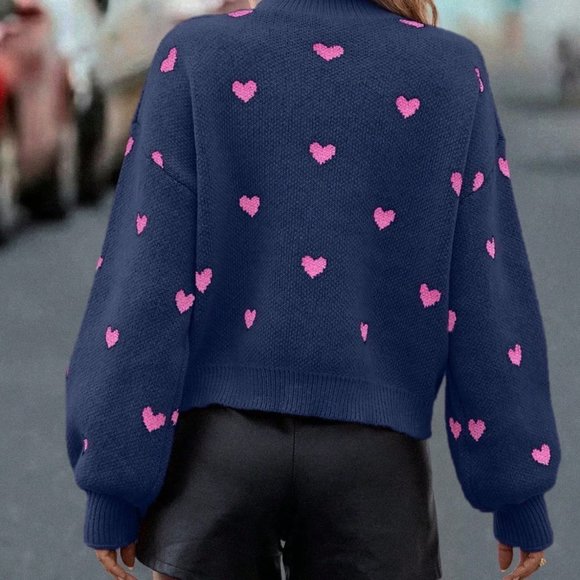 Royal Blue Casual Womens Heart Pattern Mock Neck Drop Shoulder Sweater - Picture 2 of 5